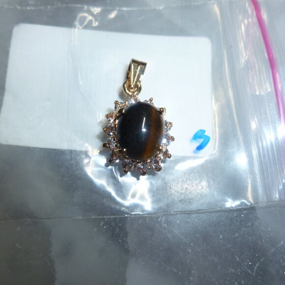 18K Gold Electroplate Tiger's Eye Swarovski Crystals Pendant - Picture 5 of 16